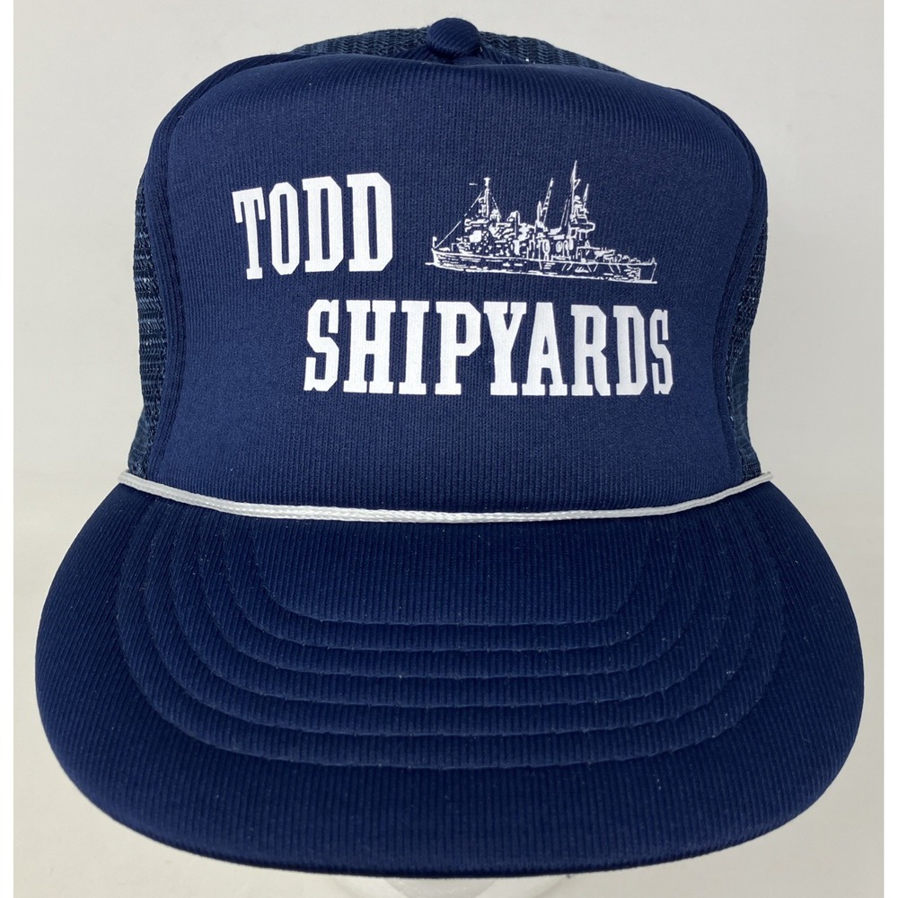 Vintage Todd Shipyards Mesh Back Foam Panel Snapback Trucker Hat Navy Blue